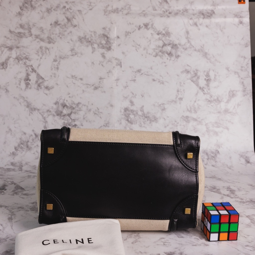 Celine Luggage Bicolor in Black Leather and Cream Canvas Medium - Picture 5 of 7